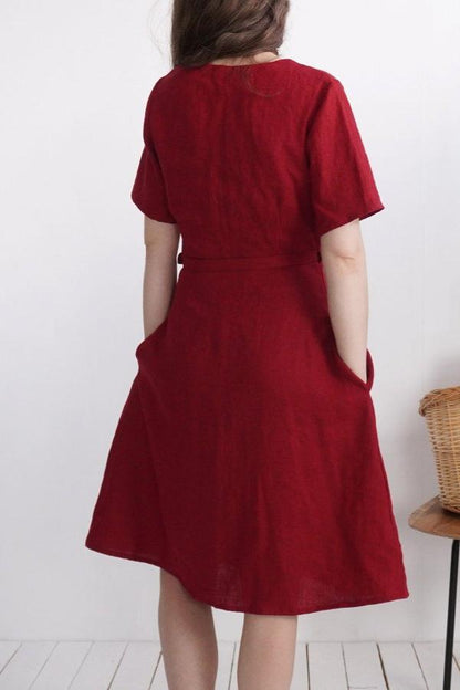 Linen Wrap around Dress | Cherry Red