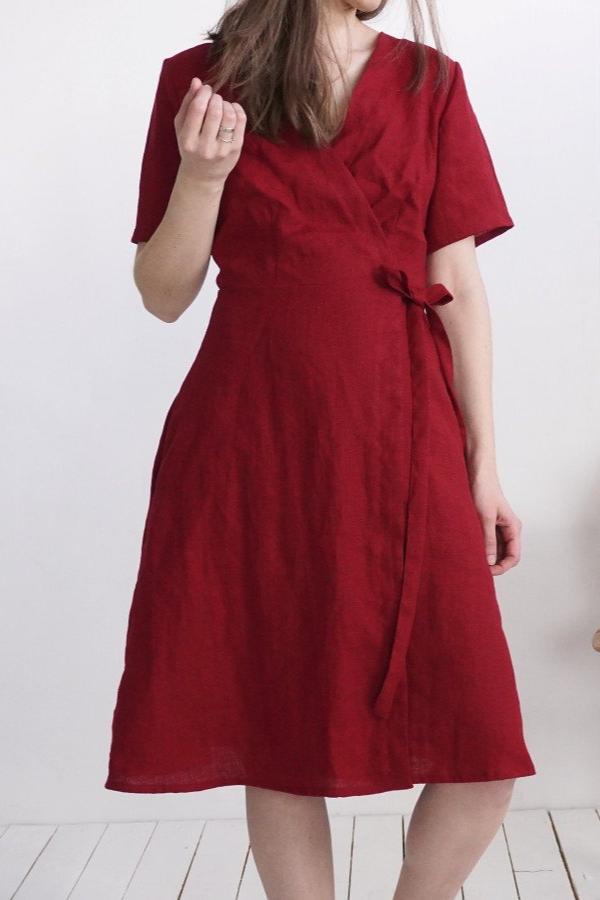 Linen Wrap around Dress | Cherry Red