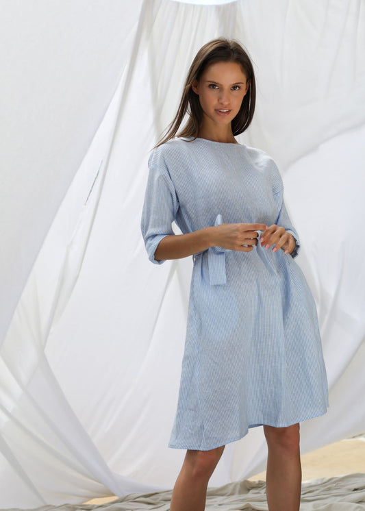 Round Neck Linen Dress | Blue & White Stripes