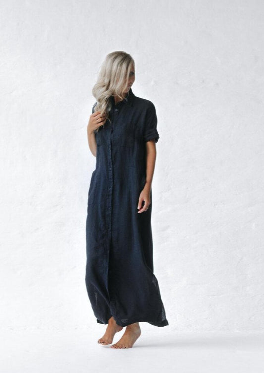 Long Linen shirt dress | Navy