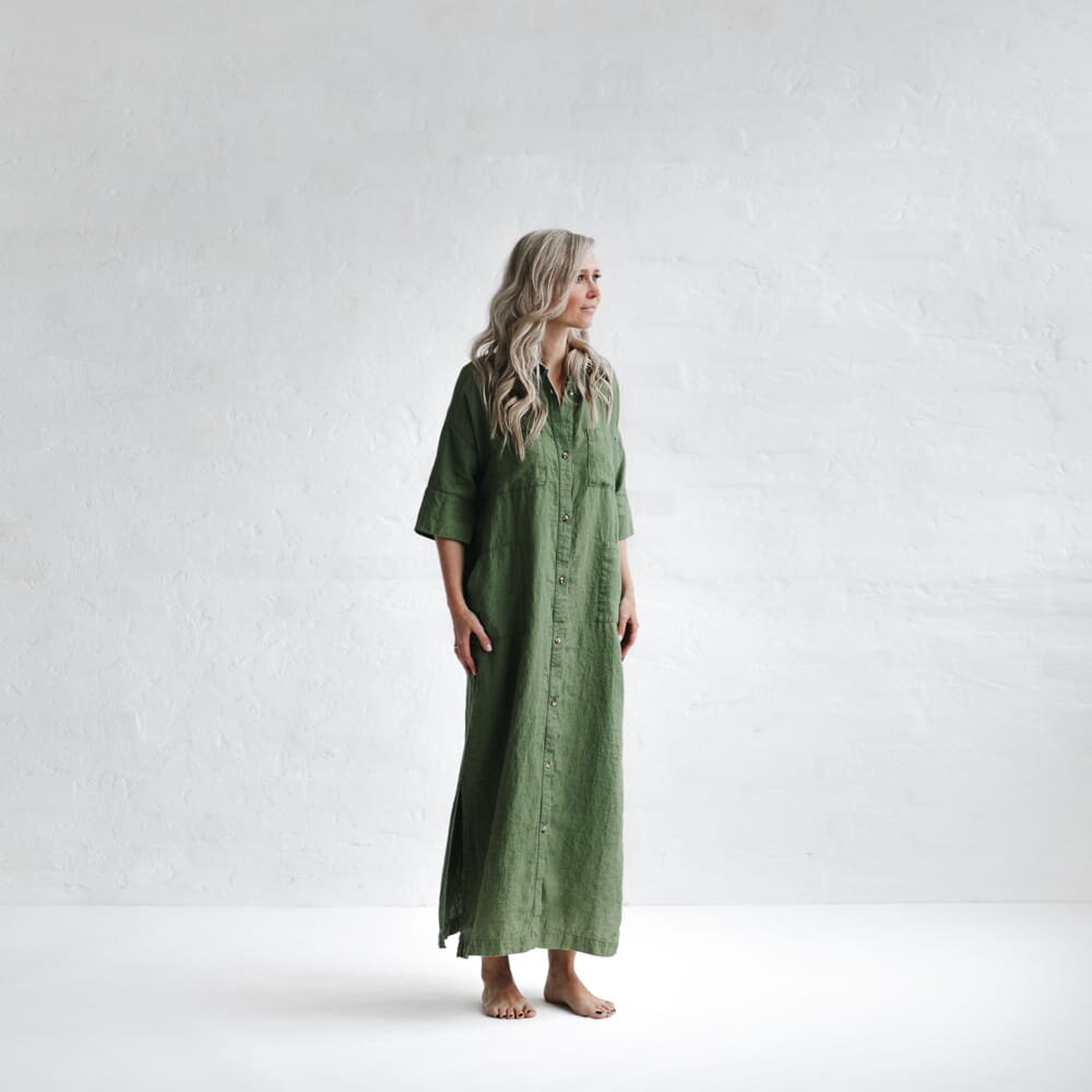 Long Linen shirt dress Olive The Foxes Den