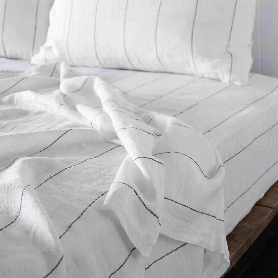 French Linen Fitted Sheet | Charcoal Stripe